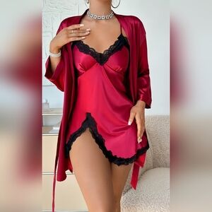 Luxurious Red Satin Chemise with Black Lace